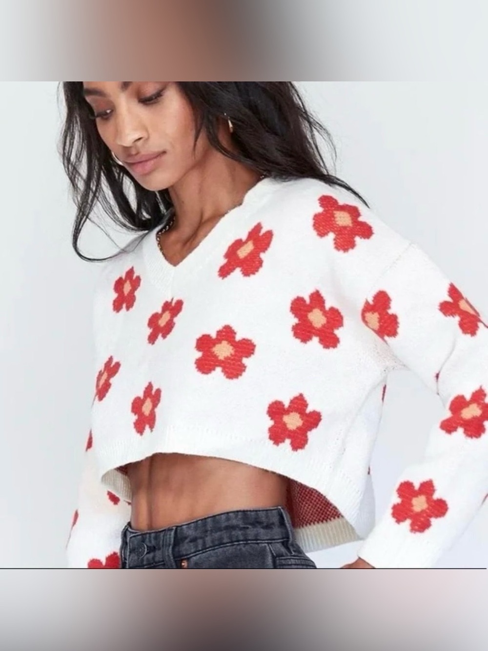 Princess Polly Field Of Flowers Sweater Red White Floral Cropped Y2K S/M
